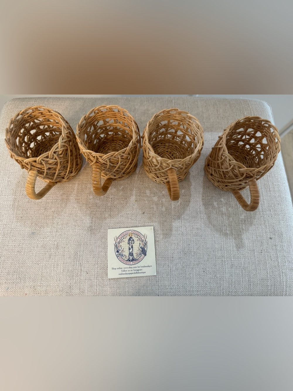 Rattan Wicker Boho Glass Cup Holders With Handles Vintage Set of 4 No Glasses